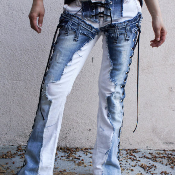 Denim on Denim Chopper style "Toxic Blue" Light Blue Denim on White Jeans with Lace Up Sides and Crotch