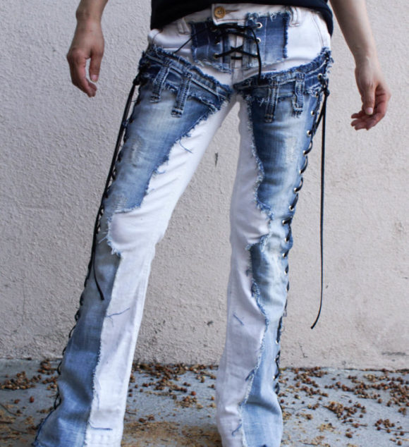 NEW Custom Rock Pants - Blue Jeans Leopard Lace Faux Leather Pants ...