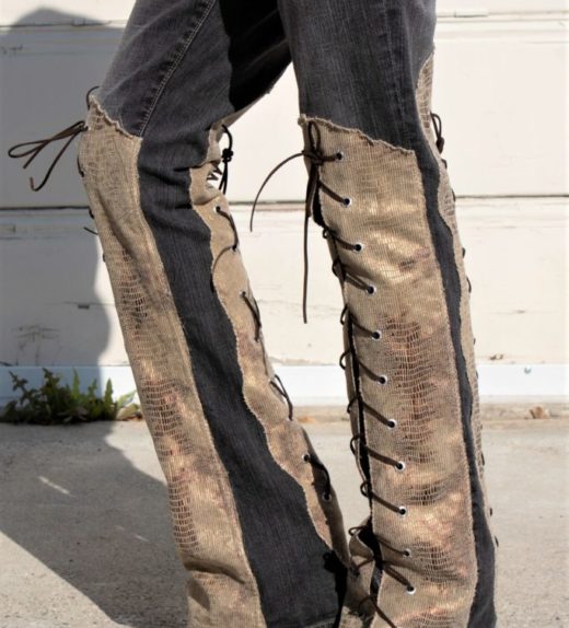 DSC04447.jpg #2Vintage Gray Jeans With Knee high faux Golden Snake skin Lace ups front and back "Gold Snake"