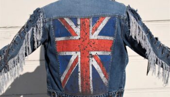 Vintage Blue Denim Jacket With Arm Fringed Lace ups With UK Flag On Back